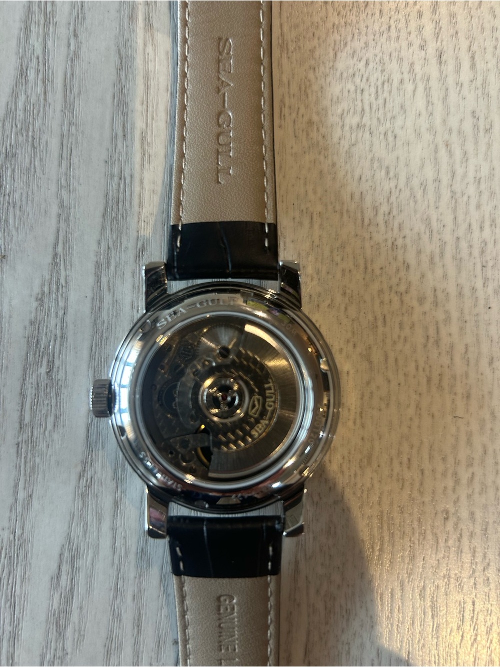 SEAGULL Men's Black Leather Strap Watch - Black Dial - Picture 5 of 6